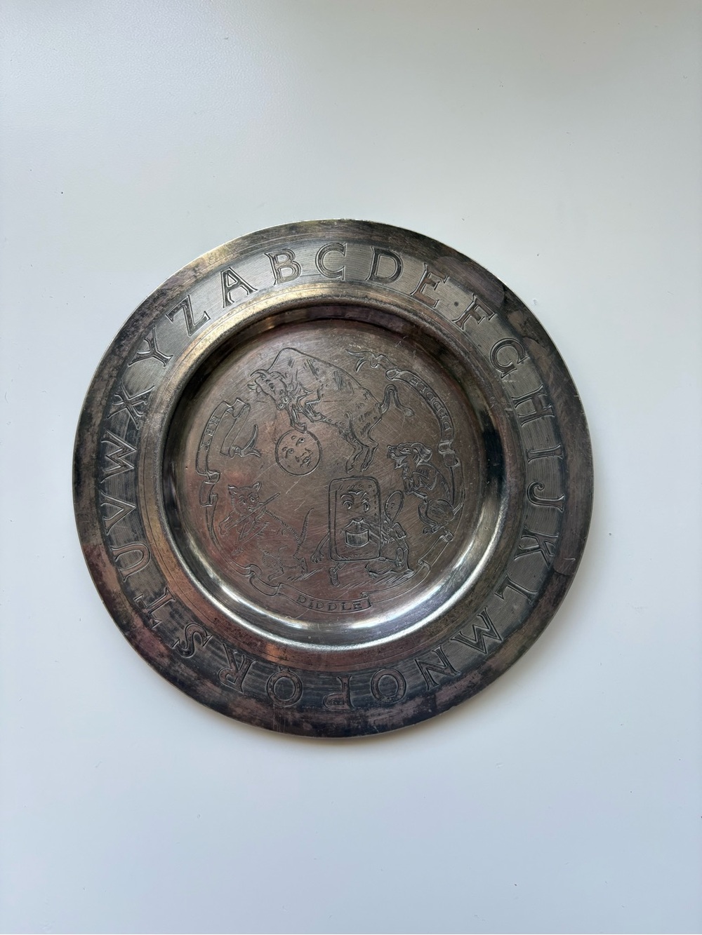 vintage alphabet ‘hey diddle diddle’ silver tone plate